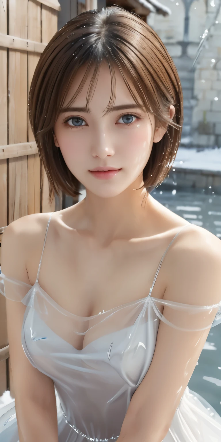 Photorealistic、highest quality、Highest quality、masterpiece、Ultra-high resolution、Raw photo、Realistic、Bright lighting、Face Light、Smooth Professional Lighting、Looking at the camera、alone、Adult women、Beautiful woman、Super Beauty、Realistic肌、Moisturized Skin、Realistic eyes and faces、Perfect model body shape、Beautiful Eyes、Big eyes、Inconspicuous tear bags、slim、Medium sized big breasts、Beautiful fingers、Very short hair、Black Hair、black eye、seems to be happy、Cowboy Shot、(Both ears are hidden in the hair)、(((Transparent water dress)))、Fantasy World、Medieval Europe、The snow queen、Ice Magic、Ice statues、Ice Country、