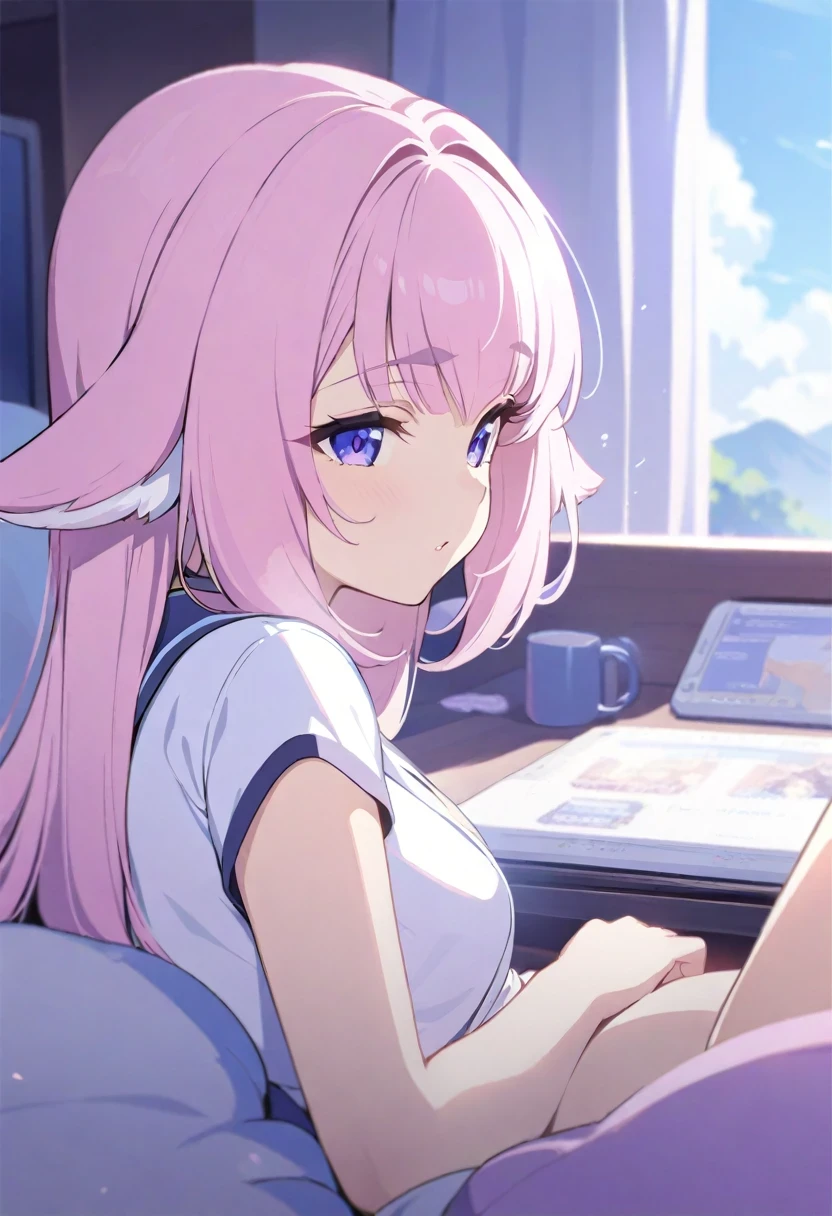 (shylily/(Twich/):1.5),(masterpiece:1.2),(best quality:1.2),a close up of a 日本动画片 cat girl streaming on the computers looking back eating a snack, Long hair, curls,Japanese cartoon artstyle, White Dress, White pajamas, Pink bedroom, The bed is filled with stuffed toys, background, pink gaming chair, Calm atmosphere