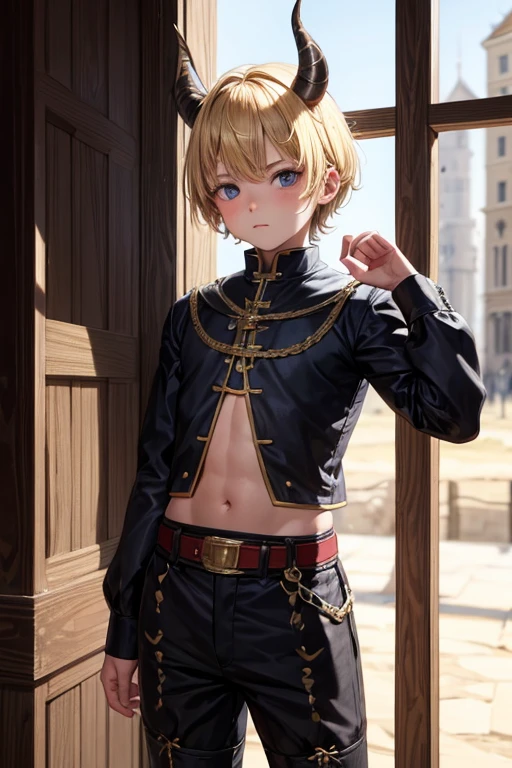 5 year old beast semi human boy with short blonde hair, peinado desorenado con orejas puntegudas ,small horns on the head, Medieval assassin's clothing green color green eyes holding a dagger brown shoes brown leather belt jade ornaments black devil tail in forest background with magical symbols