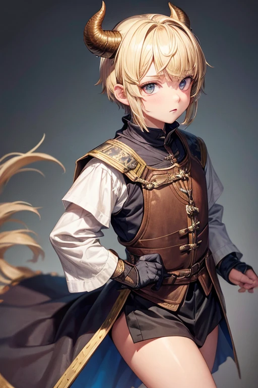5 year old beast semi human boy with short blonde hair, peinado desorenado con orejas puntegudas ,small horns on the head, Medieval assassin's clothing green color green eyes holding a dagger brown shoes brown leather belt jade ornaments black devil tail in forest background with magical symbols