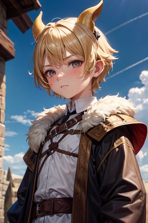 5 year old beast semi human boy with short blonde hair, peinado desorenado con orejas puntegudas ,small horns on the head, Medieval assassin's clothing green color green eyes holding a dagger brown shoes brown leather belt jade ornaments black devil tail in forest background with magical symbols