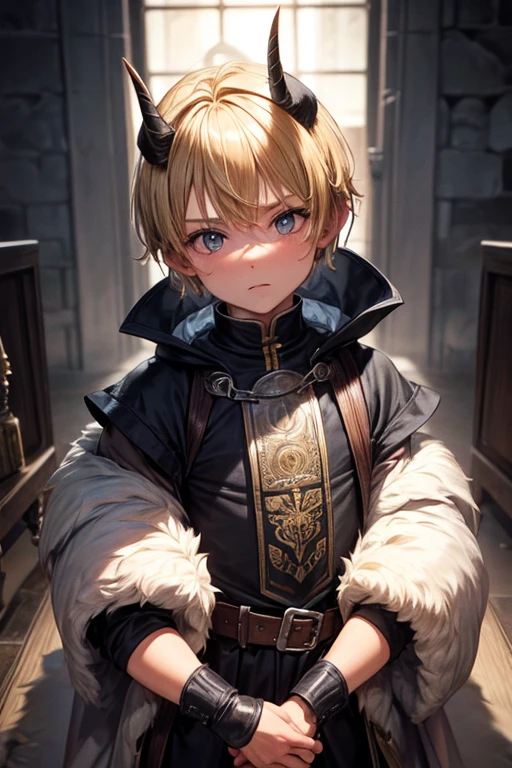 5 year old beast semi human boy with short blonde hair, peinado desorenado con orejas puntegudas ,small horns on the head, Medieval assassin's clothing green color green eyes holding a dagger brown shoes brown leather belt jade ornaments black devil tail in forest background with magical symbols