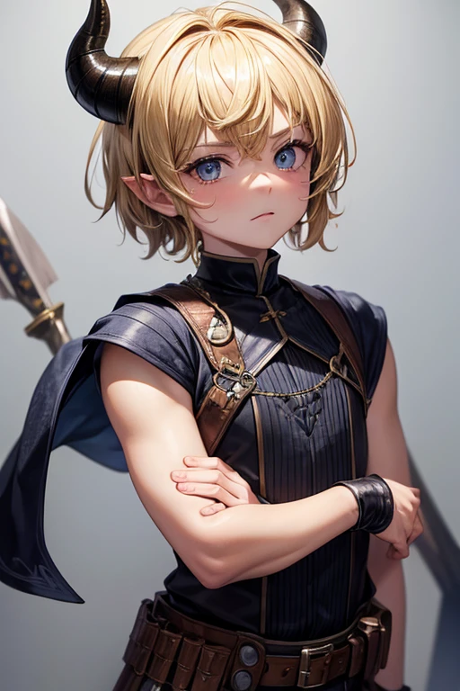 5 year old beast semi human boy with short blonde hair, peinado desorenado con orejas puntegudas ,small horns on the head, Medieval assassin's clothing green color green eyes holding a dagger brown shoes brown leather belt jade ornaments black devil tail in forest background with magical symbols