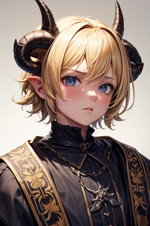 5 year old beast semi human boy with short blonde hair, peinado desorenado con orejas puntegudas ,small horns on the head,  Medieval assassin&#39;s clothing green color green eyes holding a dagger brown shoes brown leather belt jade ornaments black devil tail in forest background with magical symbols