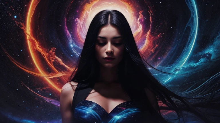 A captivating dark fantasy illustration of a woman with long, flowing dark hair that seamlessly blends into a vibrant cosmic background. The background is a mesmerizing blend of orange, pink, and blue hues, with abstract patterns and splatters of paint adding to the visual impact. The woman's face is partially obscured, her lips slightly parted, and her eyes closed. Her arms are raised, and her body is depicted in a , dynamic pose that accentuates the movement and energy of the piece. The overall atmosphere is mysterious, powerful, and enchanting., illustration, painting, vibrant, dark fantasy