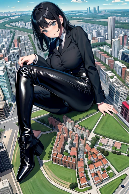 citymap, giantess art, a hyperrealistic , highly detailed giantess shot, der riese, blackhair, giantess wearing black latex pants, her butt facing screen and sitting,Super huge high school girl bigger than a skyscraper, huge tit, very small metropolis, Trying to crush a miniature metropolis, Full body depiction, gts, giga giantess, giantess, sitting on city, crash city, tiny city, micro city,