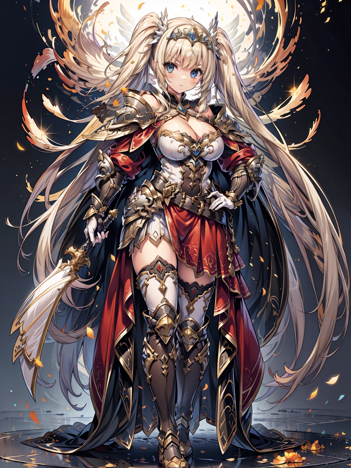 masterpiece, best quality, high resolution, extremely detailed CG, absurdres, full body, 1girl, a girl in armor and tiara holding a large sword, white armor, golden decoration, red_outfit, off-shoulder, thighhighs, long hair with twintails, blond hair, leg armor, cleavage, tiara, gloves, armor, white gloves, off-shoulder armor, >:), Standing posing