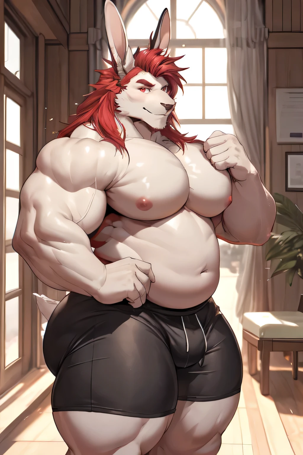 ((best quality)), ((masterpiece)), (detailed), perfect face, bara furry, ((fat pecs, ((((massive pecs, bulging pecs, saggy pecs, pecs are bigger than natural, boob pecs)))))), rabbit man, big body, ((white skin)), short quiff red hair, red eyes, perfect eyes, long rabbit ears, handsome, at home, shirtless, skin tight shorts, (((thick thighs, (big ass)), fat ass)), easygoing 