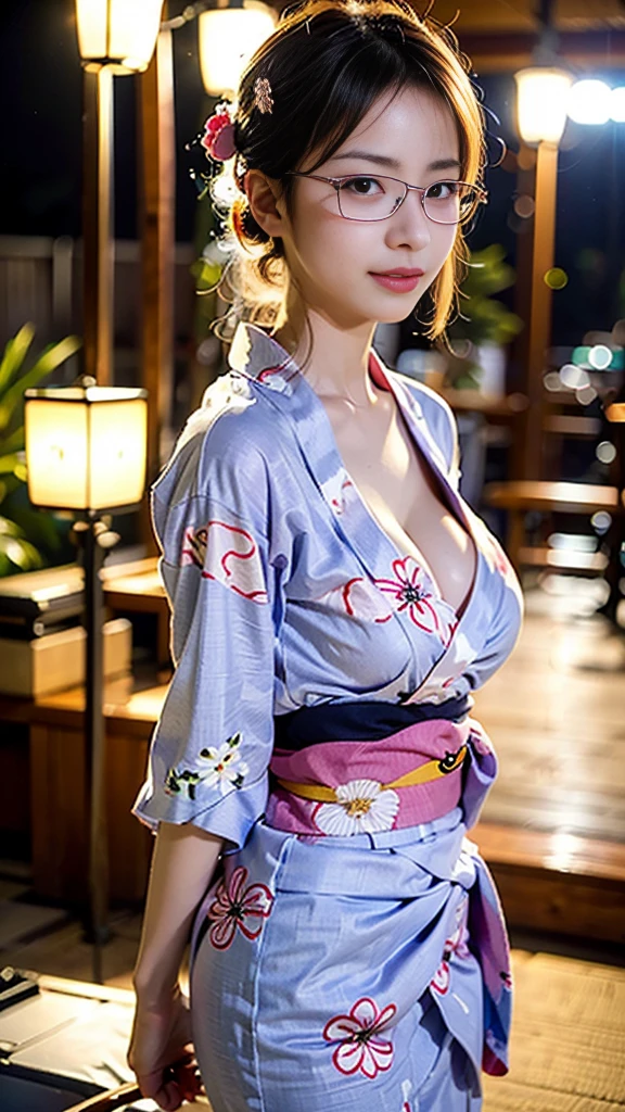 (masterpiece, highest quality:1.4), Beautiful Face, 8k, 85mm, Absurd, (Floral Yukata:1.4), Face close-up, violet, Gardenia, Delicate girl, alone, night, View your viewers, Upper Body, Film Grain, chromatic aberration, Sharp focus, Face Light, Professional Lighting, Sophisticated, (smile:0.4), (Simple Background, Bokeh Background:1.2), detailed aspects,(Show one breast:1.2)((Very young and immature & Very few & Very flat chest:1.2),(Pink fashion glasses,1),(Showing anus from behind:1),(hour々々Anal licking:1),(ultra Cleavage)