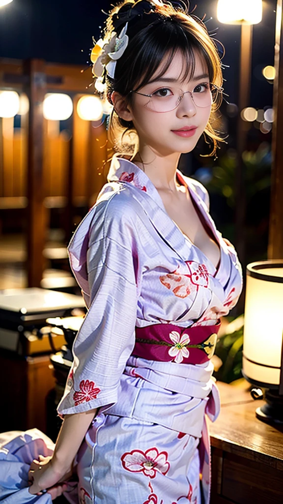(masterpiece, highest quality:1.4), Beautiful Face, 8k, 85mm, Absurd, (Floral Yukata:1.4), Face close-up, violet, Gardenia, Delicate girl, alone, night, View your viewers, Upper Body, Film Grain, chromatic aberration, Sharp focus, Face Light, Professional Lighting, Sophisticated, (smile:0.4), (Simple Background, Bokeh Background:1.2), detailed aspects,(Show one breast:1.2)((Very young and immature & Very few & Very flat chest:1.2),(Pink fashion glasses,1),(Showing anus from behind:1),(hour々々Anal licking:1),(ultra　Cleavage)