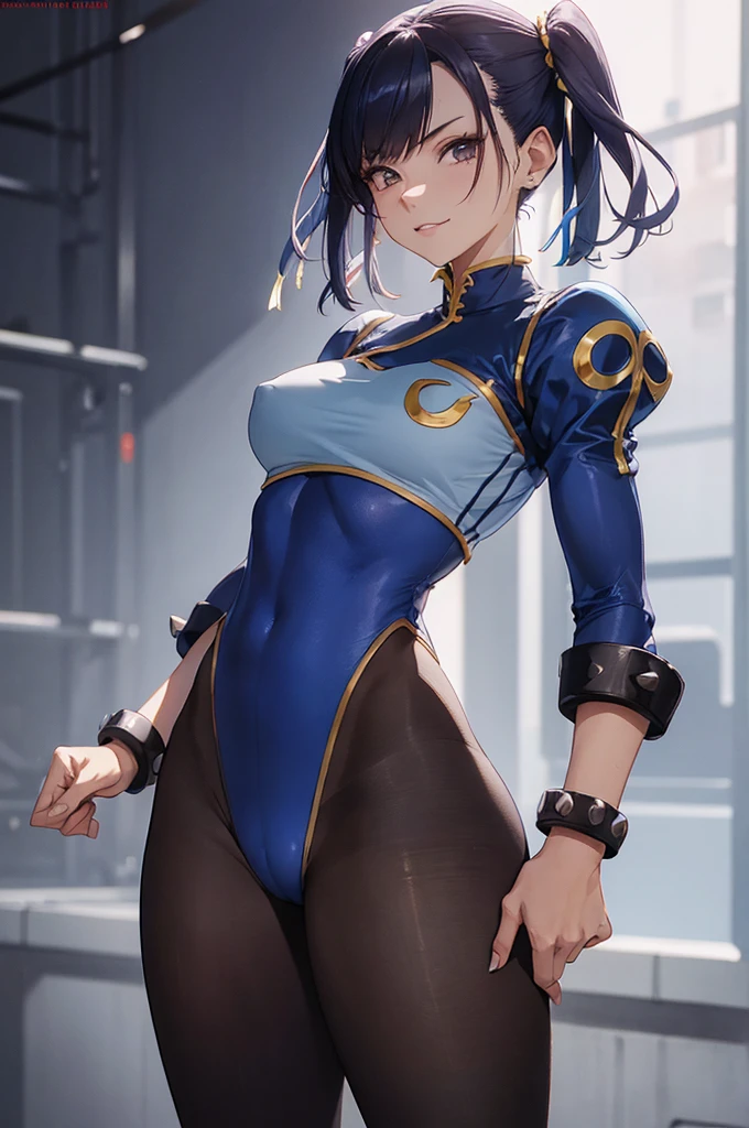 melhor qualidade,roupa azul,juri han,solo, masterpiece, best quality, agrias, grey sweater, black leotard, standing, looking at viewer, short hair,oculos,evil smile, evil look,luvas preta,roupa azul,yandere rosto,low lighting,coxa sarada copo detalhado,olhando para frente juri han,bela