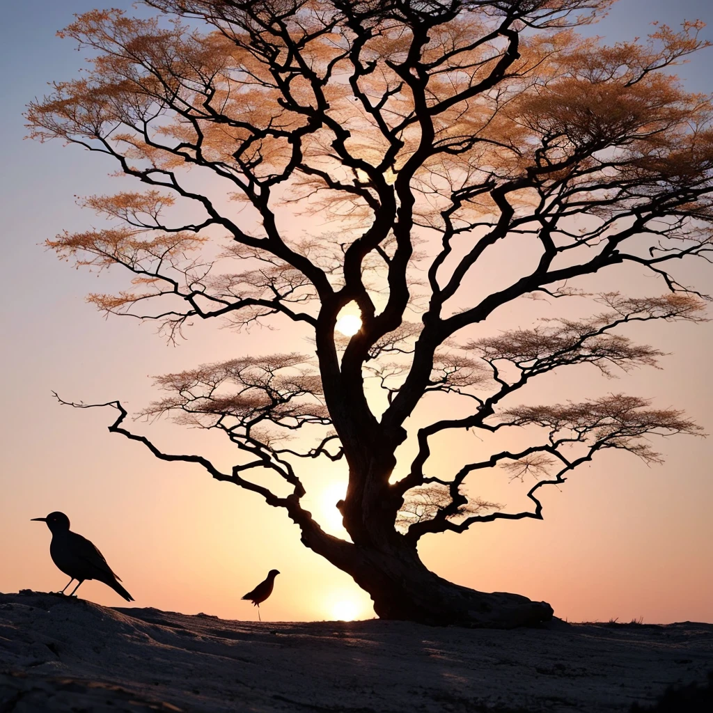 super realistic, hermoso, A silhouette of a dry tree without leaves, in a cold place, y un pajaro negro cantando, animation of floating musical notes coming out of the bird's beak.