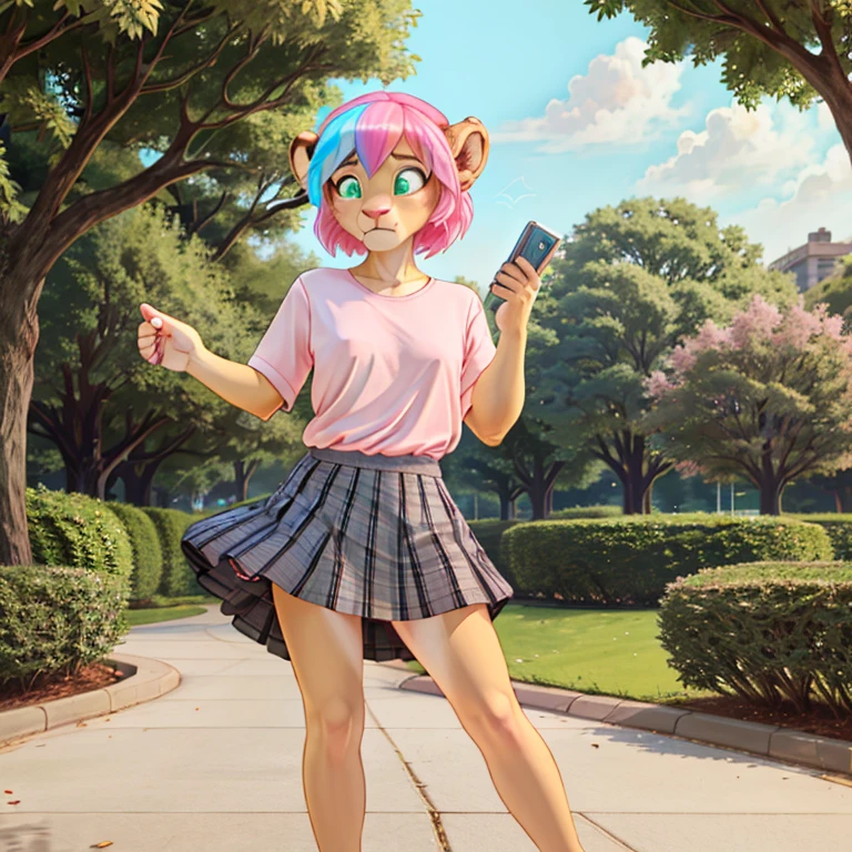 Shocked slim female lioness with long Pink hairs with Blue Highlights and glowing Green eyes wearing gray skirt and dark Blue top looking at herself there are some traces of Pink magic floating around her she is in the park