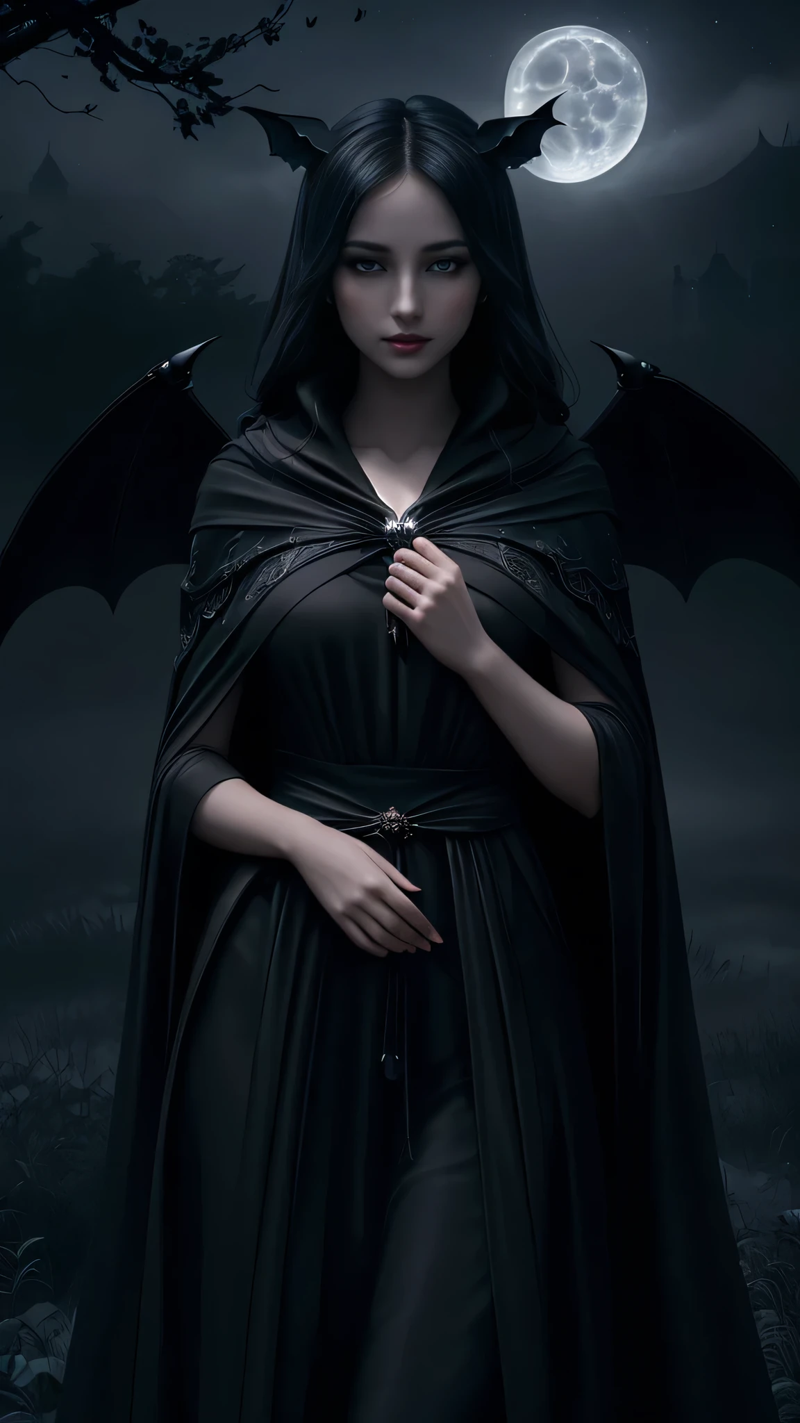 (Exquisite masterpiece, 8K, UHD, photorealistic: 1.3), enchanting young girl, slender figure draped in shadows, (intense crimson eyes: 1.2), wings unfurled, resembling the embrace of the night, (bat-like ears: 1.1), delicate yet striking, amidst a moonlit backdrop, (flowing ebony cloak: 1.2), intricate stitching, billowing softly in the nocturnal breeze, perched upon a gothic spire, silhouetted against the starry sky, (elegant yet eerie atmosphere: 1.2), mist swirling below, hinting at mysteries untold, (subtle gleam of moonlight: 1.3), illuminating her ethereal features, a haunting melody echoing through the darkness, composed of whispers and echoes, (midnight serenade: 1.1), a symphony of shadows and silence.