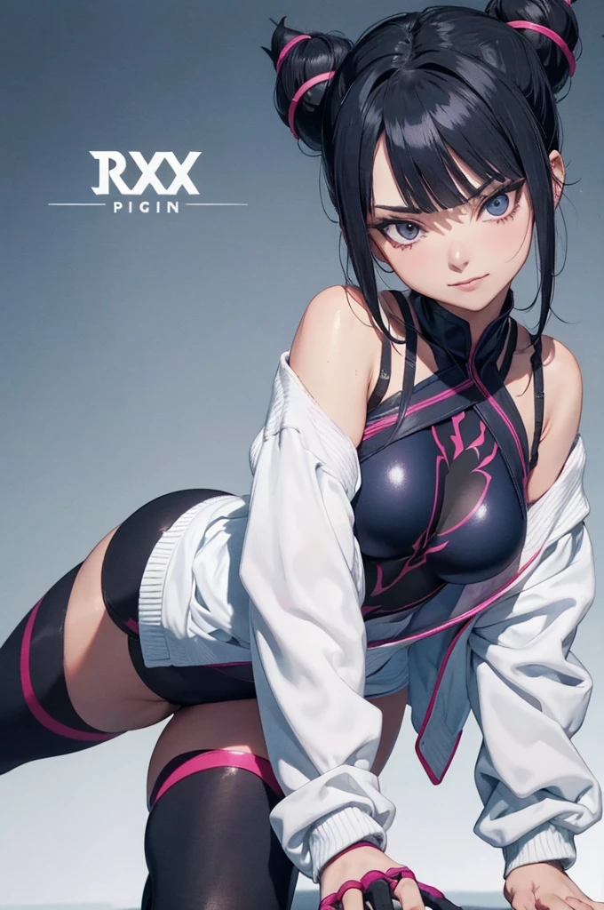 melhor qualidade,roupa azul,juri han,solo, masterpiece, best quality, agrias, grey sweater, black leotard, standing, looking at viewer, short hair,oculos,evil smile, evil look,luvas preta,roupa azul,yandere rosto,low lighting,coxa sarada copo detalhado,olhando para frente juri han,bela