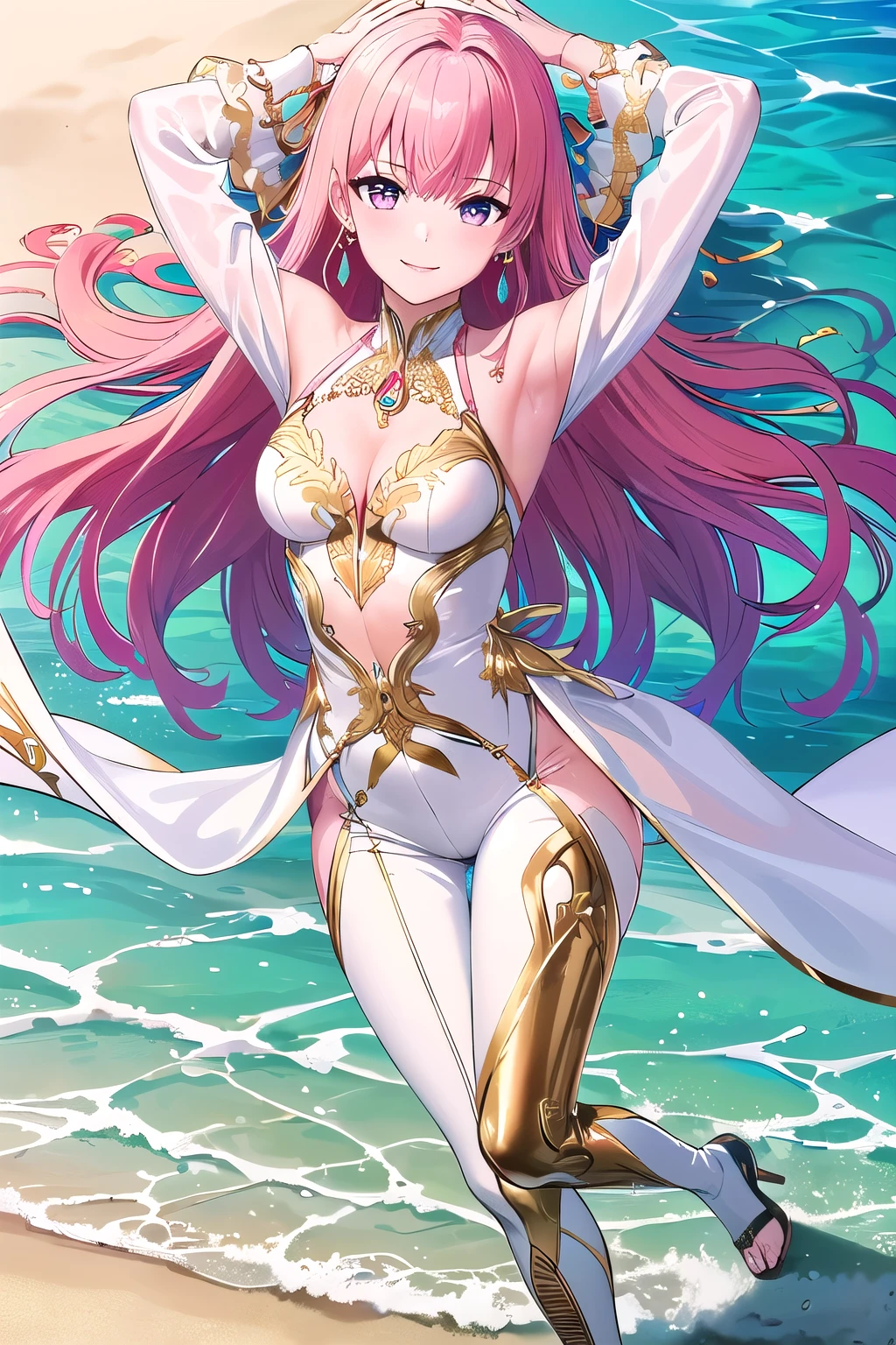 (8K, top-quality, masterpiece:1,2), (reallistic, Photorealsitic:1.37), Super Detail, One girl,), (Highly detailed), (beautifully detailed eyes), (of the highest quality), (super detailed ), (masterpiece), (Detailed face),20yr old, ,1 girl, ((pink hair,long hair)), medium breasts, clothed, Perfect Lighting, BREAK, (white color:1.3), (royal blue ao dai:1.2), (gold embroidery:1.4), (luxurious glossy silk:1.2), (very tight:1.5), (smooth satin:1.2), (plunging neckline:1.3), (tight bodice:1.2), (long sleeves:1.1), (slit ao dai pants:1.2), (gold strappy heels:1.2), (gold earrings:1.1), (gold necklace:1.1), (gold bangles:1.1) BRAKE, (high quality: 1.5), (upper body and legs: 1.1), (long pink hair: 1.2), (smiling: 1.2), (facing forward: 1.1), (hands above head: 1.2), (one leg forward: 1.2), (tropical beach background: 1.3), (bright lighting: 1.2)