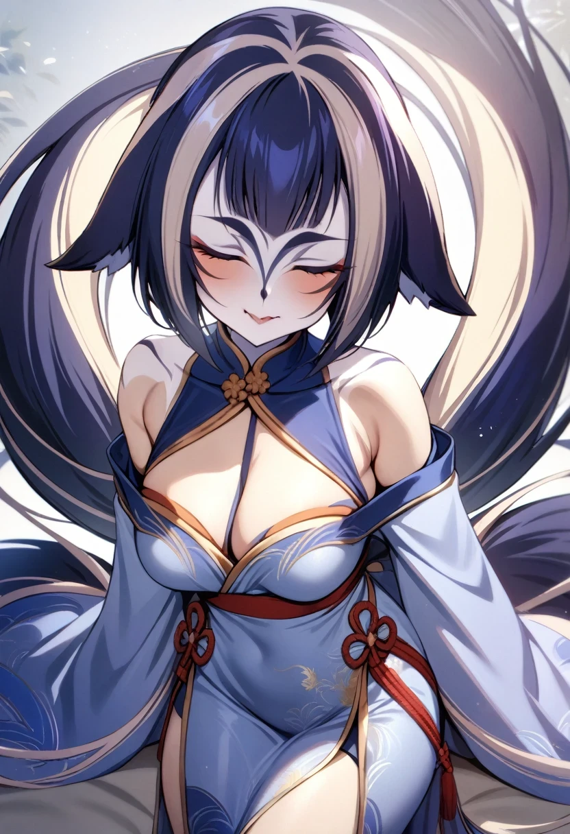 (shylily/(Twich/):1.5),(masterpiece:1.2),(best quality:1.2),(masterpiece), (best quality), 1 Girl, Girl with fox ears, Dudou, cheongsam, Nine-tailed Fox, Off-shoulder