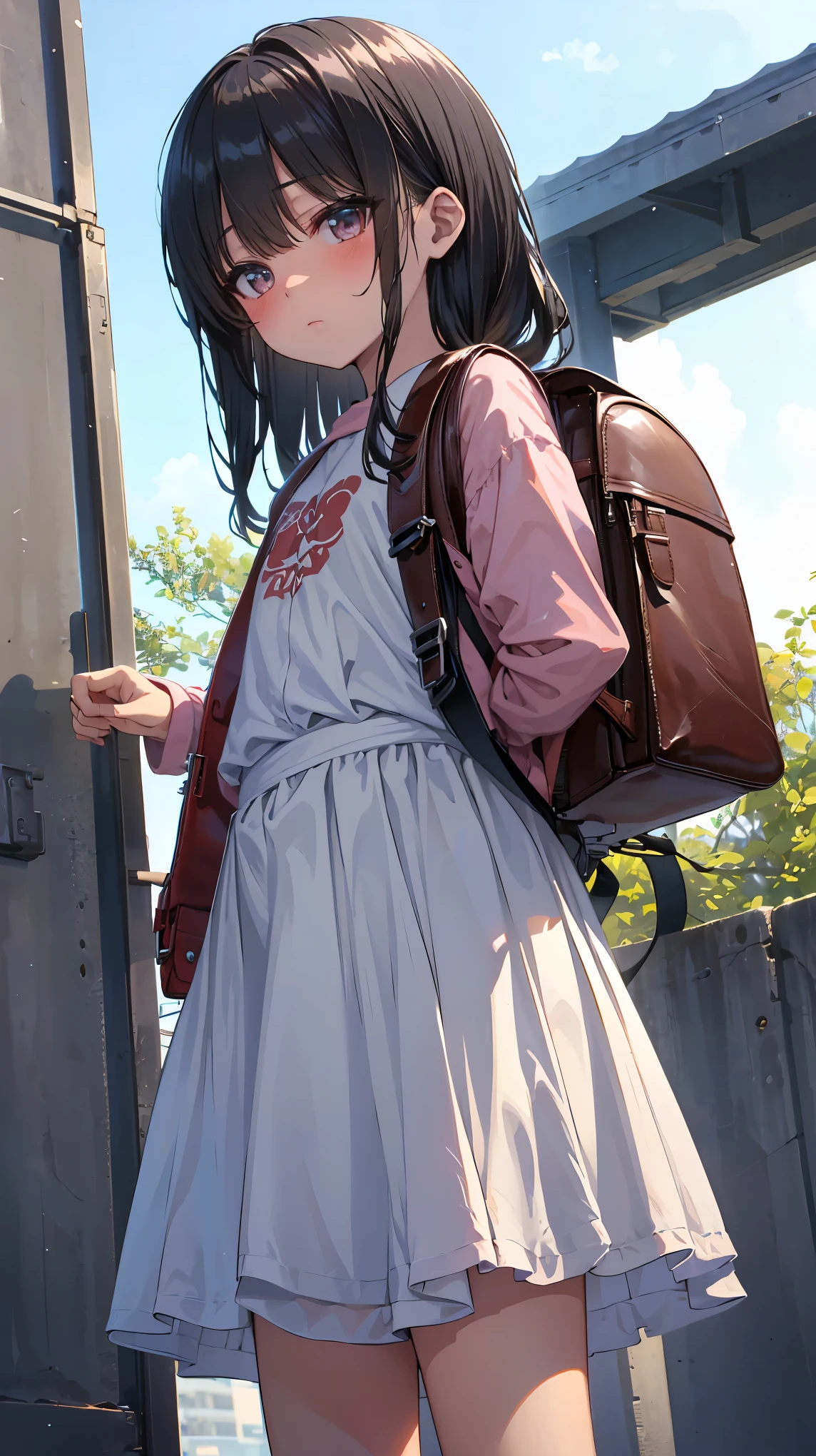 highest quality、Best image quality、In 8K,4K,masterpiece、Very detailed、beautiful、super high quality, highest quality,High resolution, Very detailed,Game CG,Dutch Angle,beautiful detailed eyes,Five Fingers,beautiful***, 1 girl, bangs,Black Hair,blush, Flat Chest, Looking at the audience,(Red Leather Backpack, Carry a backpack,school bag:1.3)