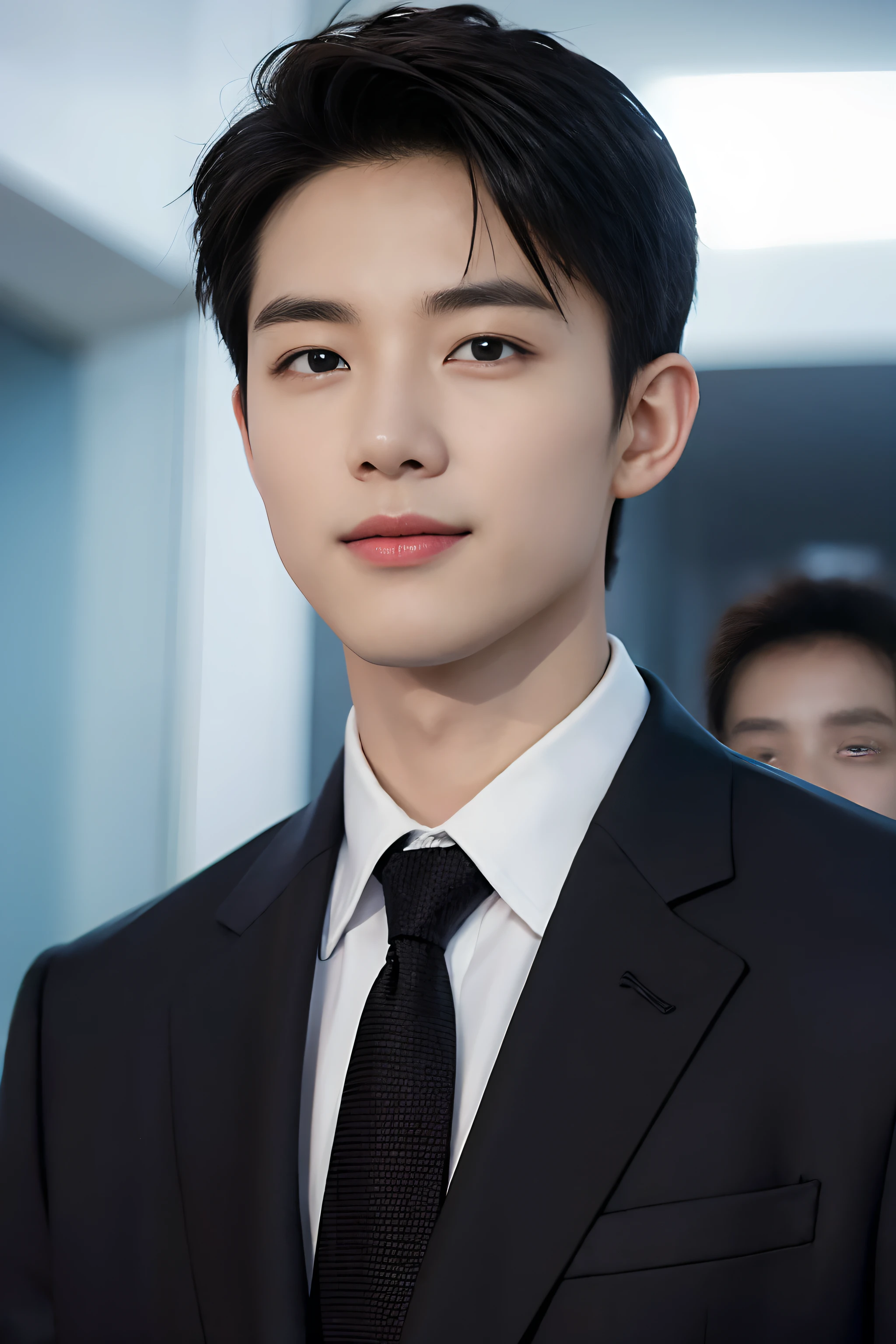 30-year-old Vietnamese male TV presenter. ((Top quality、masterpiece、Photographic Realism:1.4、8K))、Proportionate face、Eyes and face details、Beautiful Lights、(Wear a black suit:1.3)、textured skin、Super Detail、High Detail、high quality、high resolution、(looking at the audience)、Detailed mouth、Smile.