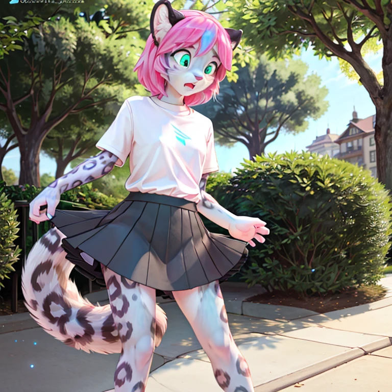 Shocked slim female snow leopard with long Pink hairs with Blue Highlights and glowing Green eyes wearing gray skirt and dark Blue top looking at herself there are some traces of Pink magic floating around her she is in the park