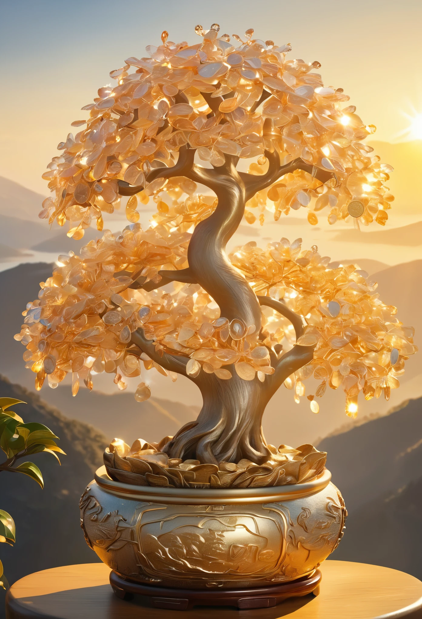 (masterpiece, best quality:1.2), Crystal money tree on the top of the mountain，The sun shines on the money tree（ （（Sunset））），Light warm color（ （（充满阳光元素的masterpiece）））（（best quality））， （（Intricate details））（8k）