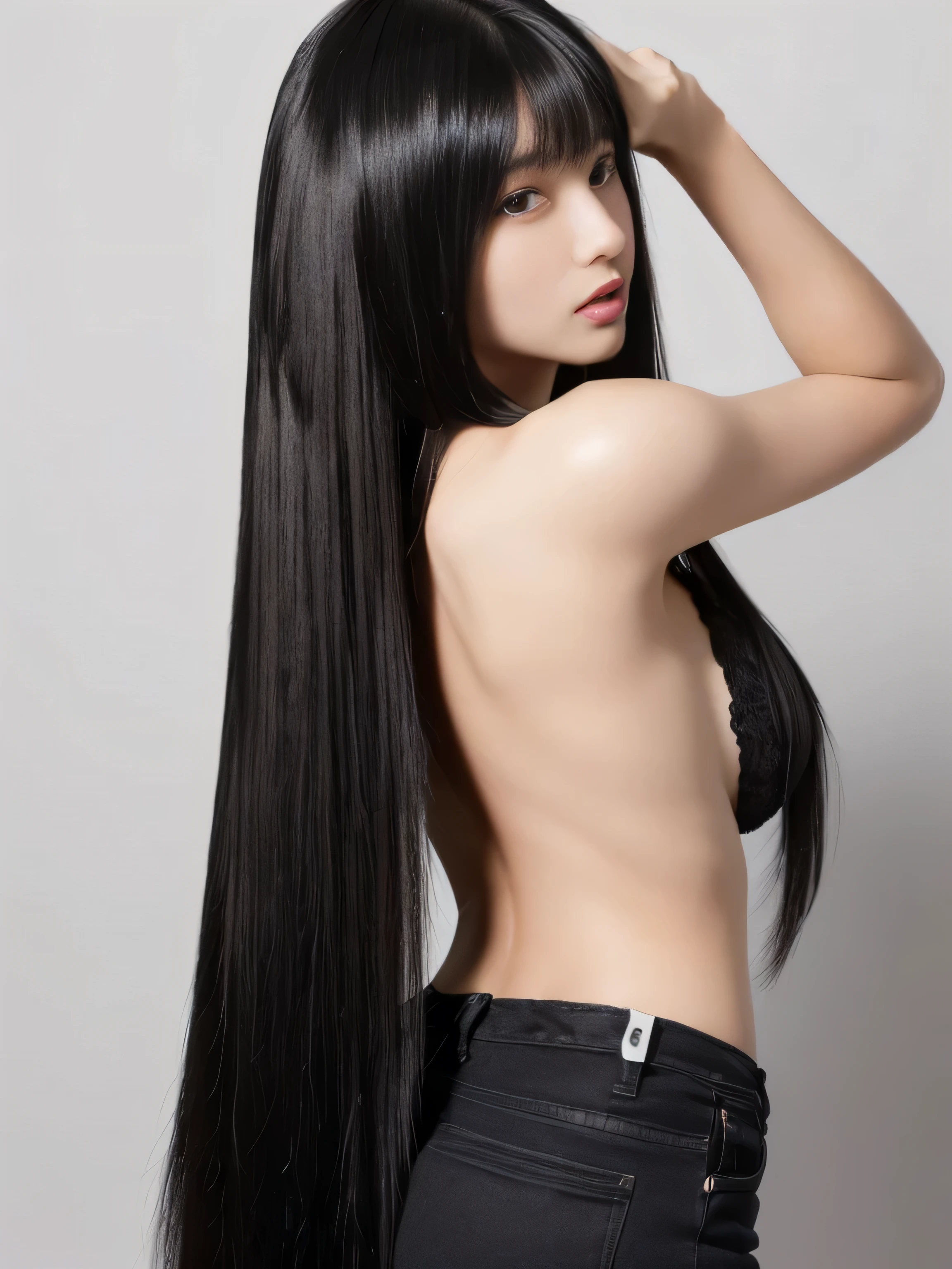 ((Random poses showing as much back and hair as possible:1.8)) ((Beautiful 24-year-old hair model with long black hair, girl with super length Hair, extremely length Hair, extra length Hair, very long, Flowing Hair, very length Hair, length Hair girl, very long, Flowing black hair, length Hair windy, Very long black hair, length, Flowing Hair,Extraordinarily long hair that lasts forever, length Hair!!!! Her highest quality hair is long and straight., very long, highest quality black hair, length hair in the center, Highest quality long straight hair, length, straight, beautiful, High quality hair, length and free black highest quality straight hair, length Hair, length and straight, highest quality black hair, Perfect silky straight hair of the highest quality, straight, highest quality black hair, length black straight hair, length, Thin black hair Her hair is long and straight, very long black hair, length hair in the center, length straight hair, length, straight, beautiful hair of the highest quality, length Hair, length, straight black hair, length and free straight black hair, straight black hair)) (Her bangs are perfect.:1.3) (Pure white wall background:1.8. Upper body photo from the knees up) (Japan's most sexy and beautiful hair model) (She looks at the viewer with a very seductive expression....) ((highest quality)), ((masterpiece)), (Familiar) (Get used to it) Perfect Face (Her skin is a typical Japanese skin color..、And very detailed) (Big Breasts:1.3) (She is wearing a beautiful shiny white camisole.:1.I'm wearing 2) (She has a beautiful face and a typical Japanese figure...., Narrow eyes) (She has perfect beautiful makeup and face Lipstick is light red A solid eyeliner) ((Rich 1.4)) (Extremely detailed 8K) (Ultra-fine skin texture 1.4) (Actual, Vibrant:1.4), double eyelid Sharp focus:1.2、Beautiful woman:1.4 Dynamic Lighting (Genuine RAW photos taken by professional photographers) A professional shines a light on her hair. (She has a bright and cheerful face)