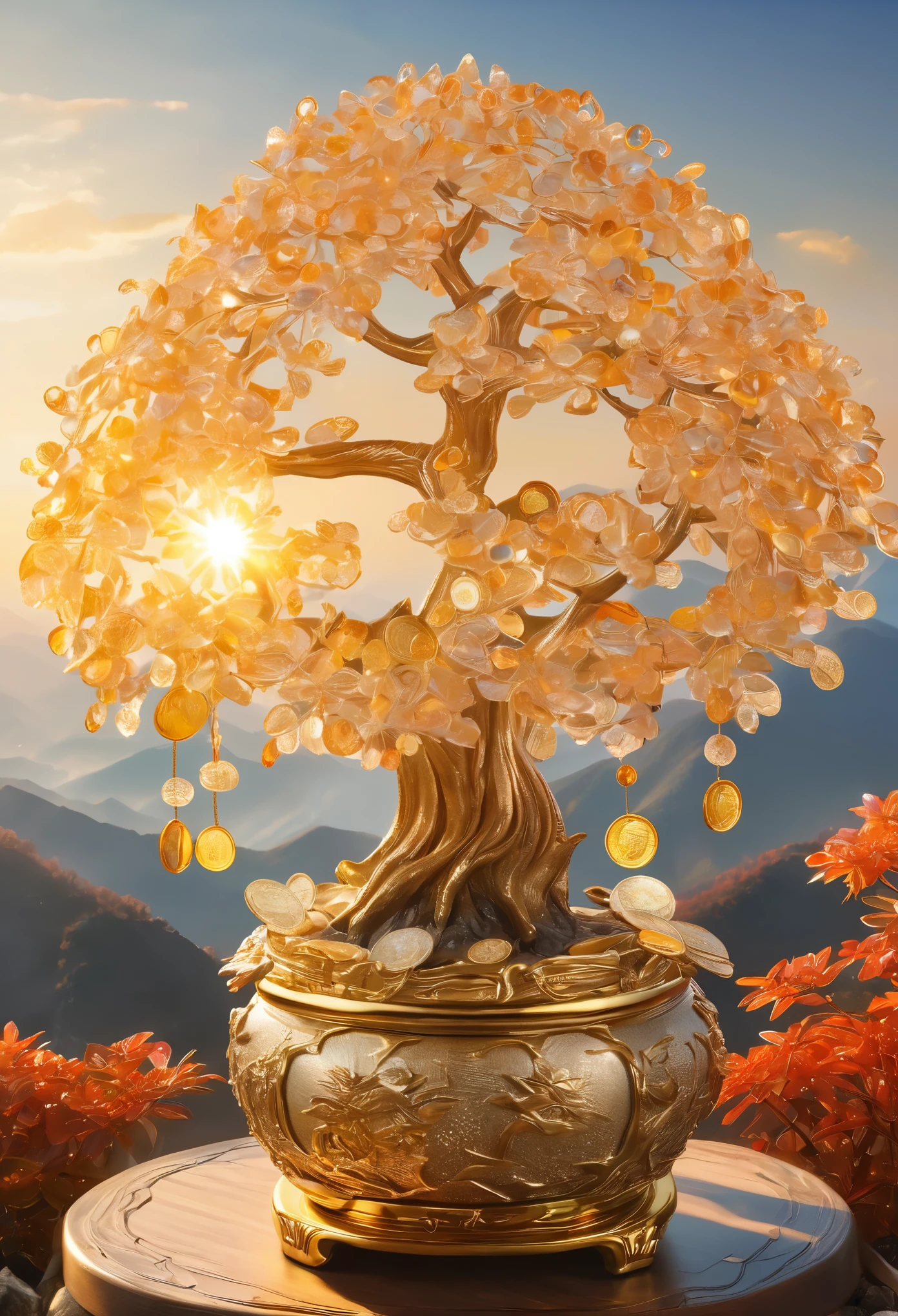 (masterpiece, best quality:1.2), Crystal money tree on the top of the mountain，The sun shines on the money tree（ （（Sunset））），Light warm color（ （（充满阳光元素的masterpiece）））（（best quality））， （（Intricate details））（8k）