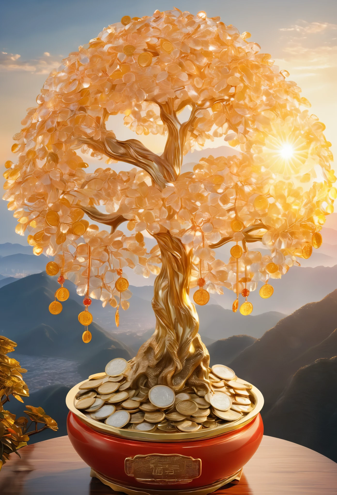 (masterpiece, best quality:1.2), Crystal money tree on the top of the mountain，The sun shines on the money tree（ （（Sunset））），Light warm color（ （（充满阳光元素的masterpiece）））（（best quality））， （（Intricate details））（8k）