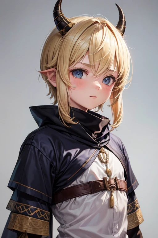 5 year old beast semi human boy with short blonde hair, peinado desorenado con orejas puntegudas ,small horns on the head, Medieval assassin's clothing black green eyes holding a dagger brown shoes brown leather belt jade ornaments black devil tail in forest background with magical symbols