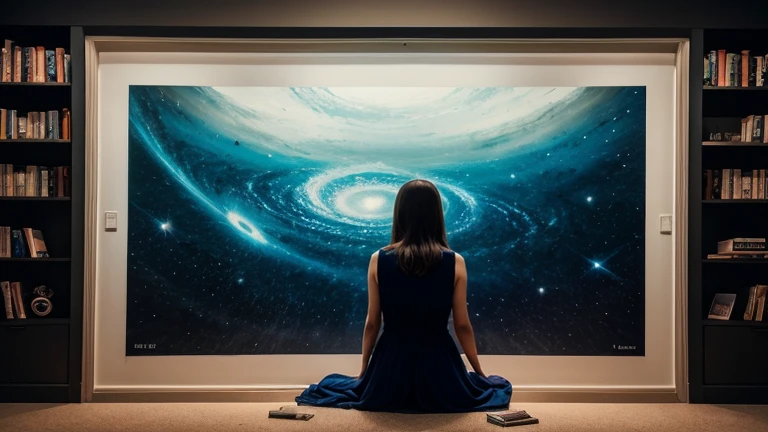 A stunning conceptual art piece by Paola Salomé, featuring a young woman sitting in a room filled with her memories. Surrounded by shelves of books, photographs, and other mementos, she gazes intently at the walls, where her memories are projected as a cosmic landscape. The background shows an astral scene of galaxies swirling and stars collapsing, all created by the simple act of her smiling. The overall atmosphere of the artwork is dreamy, nostalgic, and profoundly emotional., cinematic, typography, conceptual art