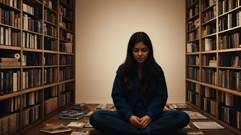 A stunning conceptual art piece by Paola Salomé, featuring a young woman sitting in a room filled with her memories. Surrounded by shelves of books, photographs, and other mementos, she gazes intently at the walls, where her memories are projected as a cosmic landscape. The background shows an astral scene of galaxies swirling and stars collapsing, all created by the simple act of her smiling. The overall atmosphere of the artwork is dreamy, nostalgic, and profoundly emotional., cinematic, typography, conceptual art