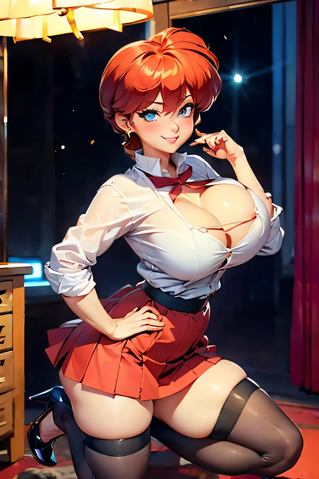 (high quelity), (realistic 1.5), Female Ranma, JK, red short skirt, thight stockings, high heels, mischievous smile, light blush, looking at viewer, huge breasts, precise hands, sexy pose, detailed class in the background