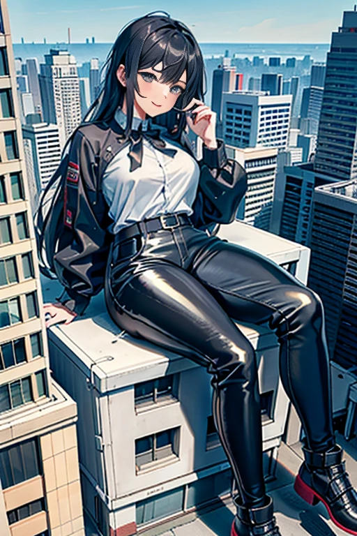Building, giantess art, a hyperrealistic , highly detailed giantess shot, der riese, blackhair, giantess wearing black latex pants, (her butt facing screen and sitting on a building),Super huge high school girl bigger than a skyscraper, huge tit, very small building, Trying to crush a building, Full body depiction, gts, giga giantess, giantess, sitting on building, crash building,