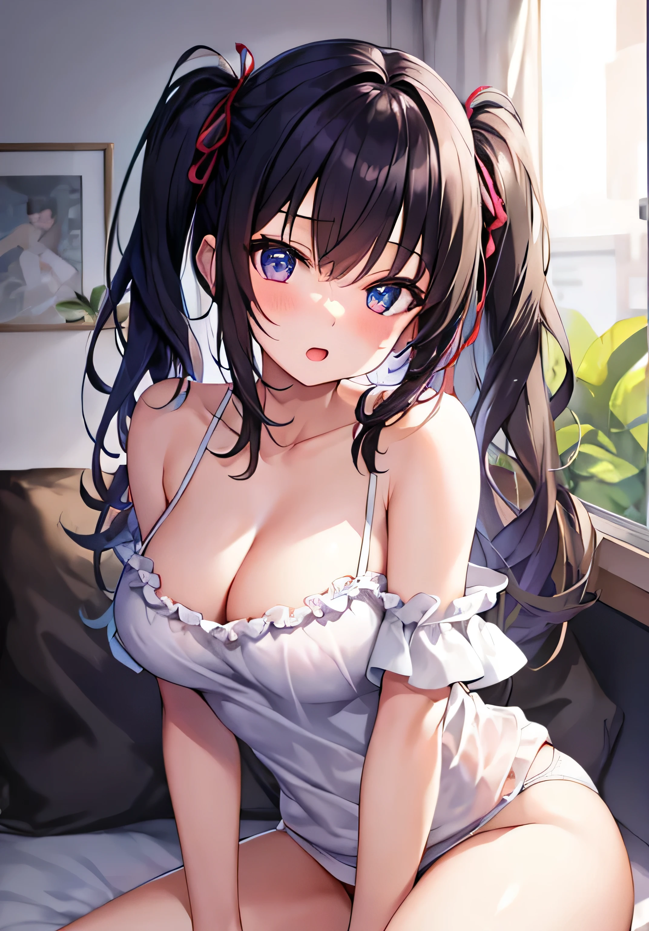 masterpiece、Highest quality、Ultra-high resolution、nsfw、age girl with big breasts、twin tail hairstyle、black hair、Red face、shyly、open your mouth just a little、white ruffle camisole that shows cleavage、white panties、sit in the sofa、inside the living room at night