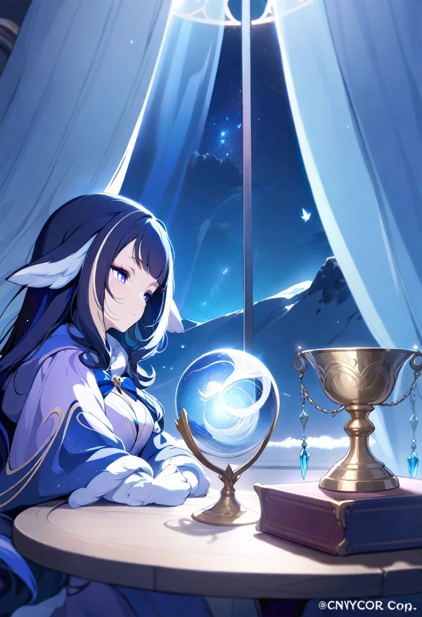 (shylily/(Twich/):1.5),(masterpiece:1.2),(best quality:1.2),( official art, Pretty and beautiful:1.2), (1 girl:1.3), Long wavy hair, , portrait, Looking at the audience, Solitary, (whole body:0.6), detailed background, close up, Glowing eyes, (Cold arctic winter theme:1.1), , mystery, Sitting at the table, holy grail, Tarot, Crystal Ball, middle Ages (interior of a tent:1.1) background, tent curtains in background, dark mystery lighting, shadow, magical atmosphere, starry night,, Hook of Holland