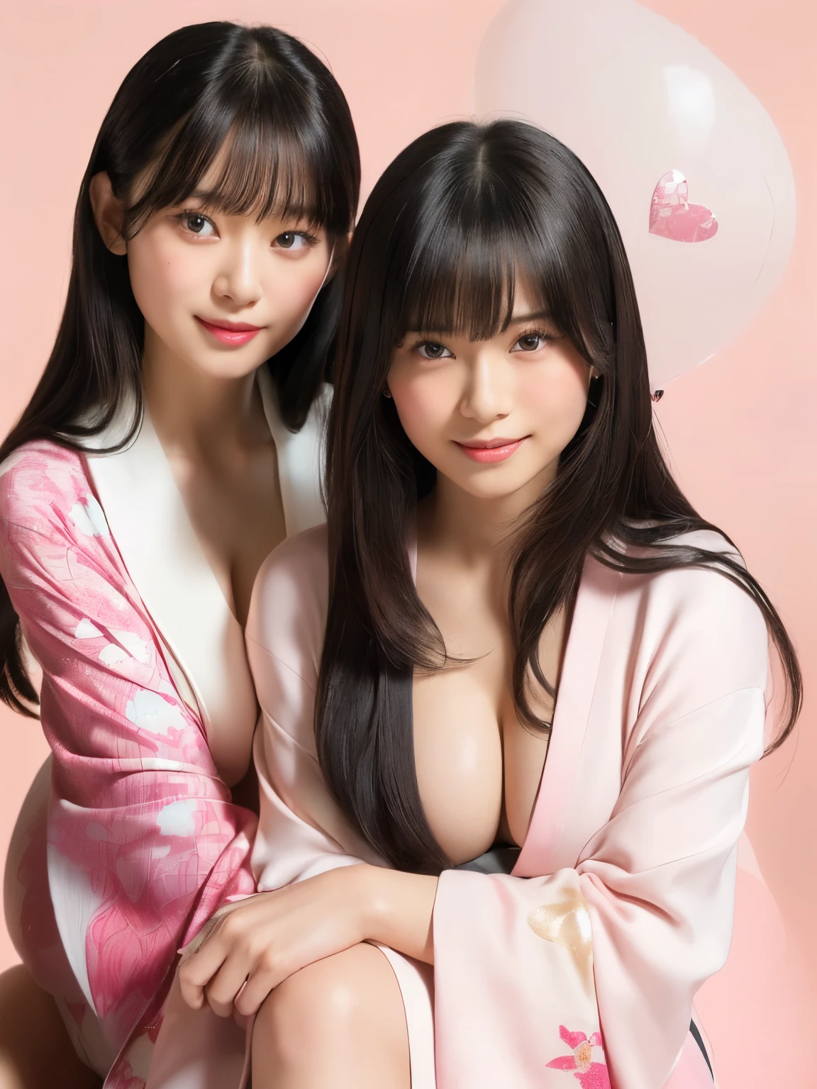 (((Two girls with big breasts 20.0)))、(((❤Close-up of a red and pink abstract background with lots of patterns, Heart crystallized, Heart Lightning skin, Heart Crystal Texture, Glowing heart symbol, Heart shaped crystal texture, Lightning Cubism, Red and pink heart-shaped crystals, Heart Jewelry Particles, faceted, flash, Heart balloon explosion, Fractal Detail Heart Shaped Skin, Glittering heart pattern, faceted, Heart Crystal Fragment, crystalline edges)))、(((Highest quality、Highest Resolution、masterpiece、8k)))、(((Detailed face)))(((Cute face)))((()))(((Teen)))、(tailed body)))(((Model Body Type)))(((Perfect podiline)))、(((Big Tits 3.0)))(((Fascinating clavicle 2.0)))(((Beautiful cleavage 5.0)))、((V-neck))、(((Straight long hair)))(((Lively bangs)))、(((Gorgeous and gorgeous long-sleeved kimono)))、(dynamic2girl shot 5.0)(Random posing shot of two girls sitting)(2GIRLsSHOT10.0)((Full body photo 20.0))Smiling at the camera