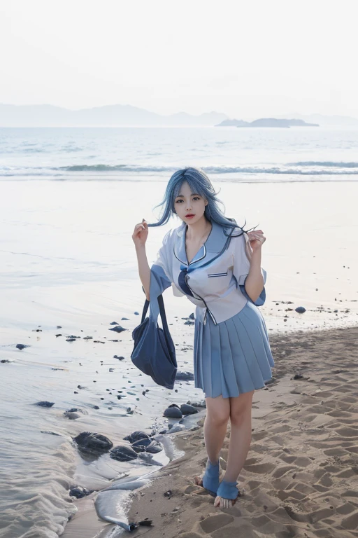 masterpiece, best quality, Meticulous attention to detail, high resolution, Extremely refined, Volumetric Lighting, Best shadows, Shallow and deep, 1 girl,Double tail, Blue Hair, (Huge breasts), pajamas, Pleated Skirt, whole body