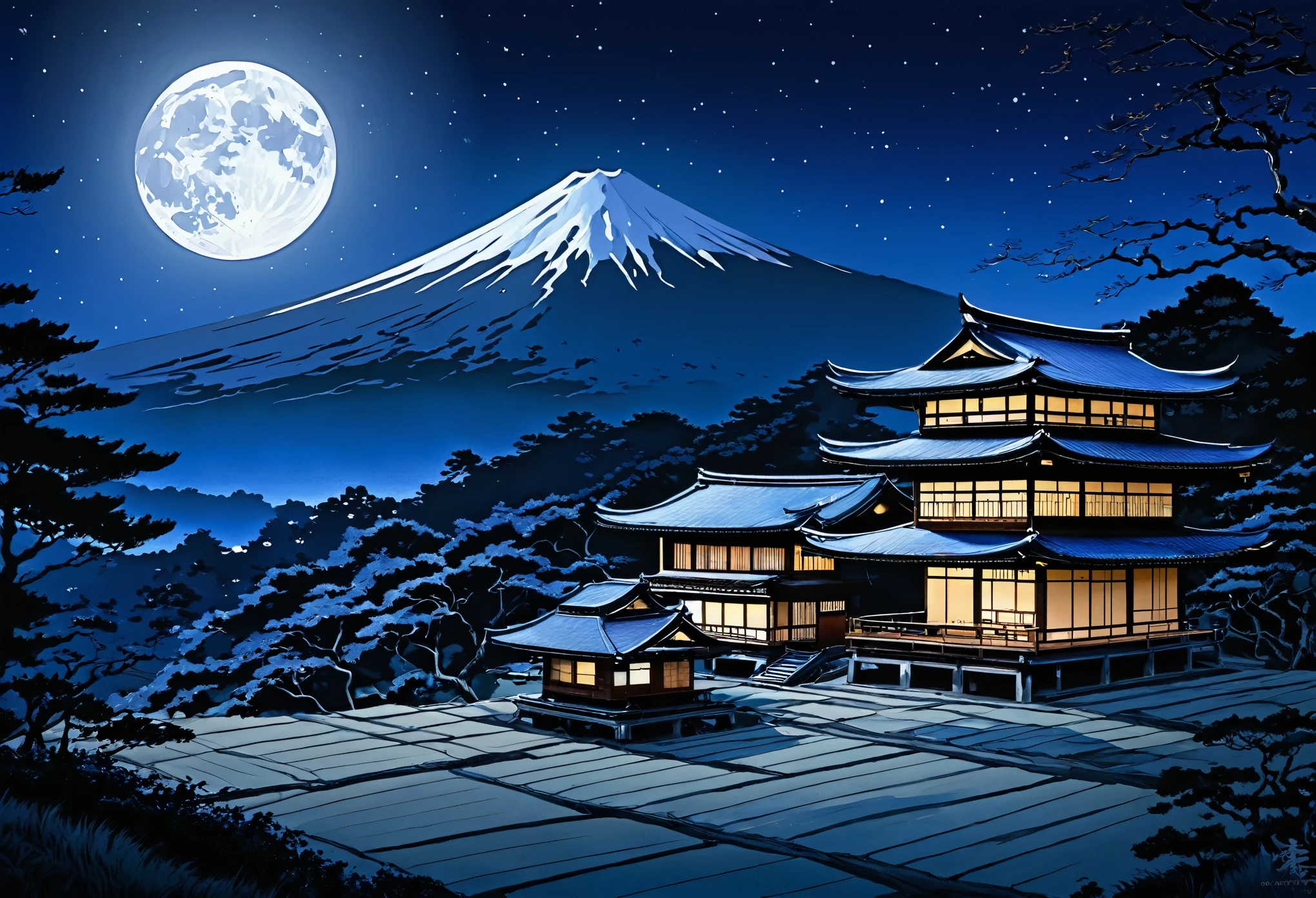 Painting of a Japanese house in the moonlight with a full moon, Digital painting inspired by Rensui Kawase, Trending on CGSociety, ukiyo-e, The art of Japan style, The art of Japan, The art of Japan art, traditional The art of Japan, old The art of Japan, Landscape painting, Japan at Night, 伝統的なJapanese painting, Awesome Wallpapers, Night view, Japanese painting
