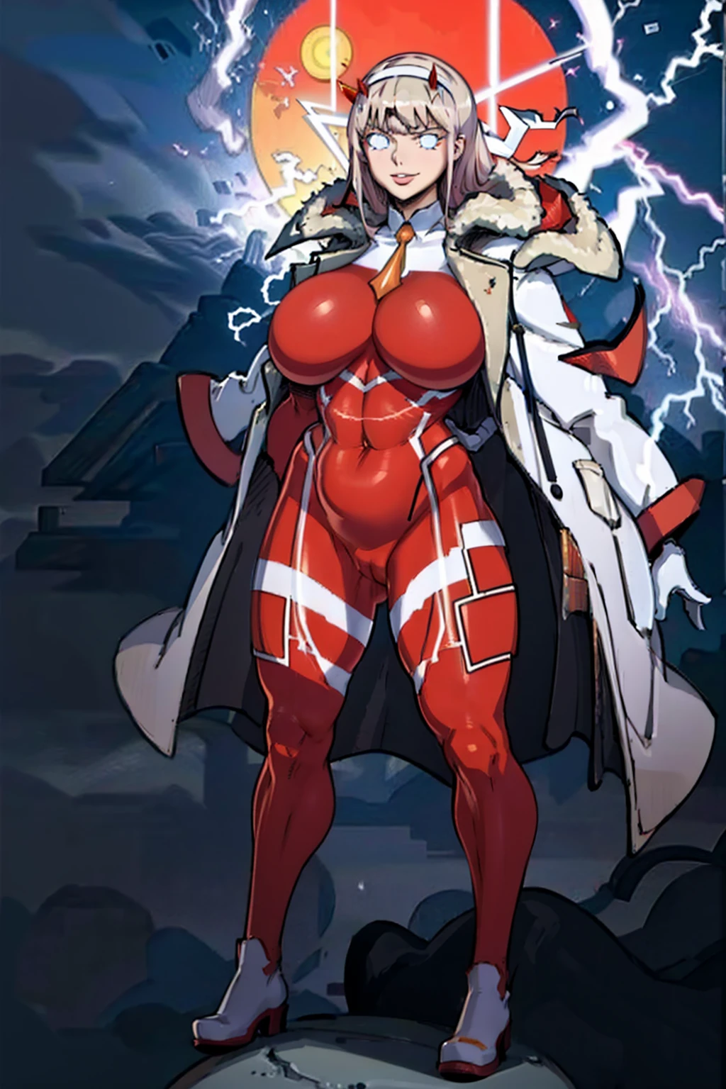 masterpiece, best quality, IncrsLowTier, electricity, glowing eyes zerotwo horns, hairband, necktie, red dress, pantyhose horns, hairband, red bodysuit, armlet, mecha horns, hairband, white bodysuit, white gloves, cap, red dress, white gloves, jacket on shoulders, pantyhose, cyber_armor body_suit,huge_breast, tall female, fulll body, sun light, smile,, sun aura,, boots, standing, smile, lips, red lips,,,{best quality}, {amazing quality} {best quality},{amazing quality},, {absurdres},{{highres}}, {very aesthetic}, {detailed}, curvy, tall, huge breast, character focus, white background,full-length portrait,, huge hips, huge muscles, huge thighs, curvaceous, venus figure,full body, full portrait