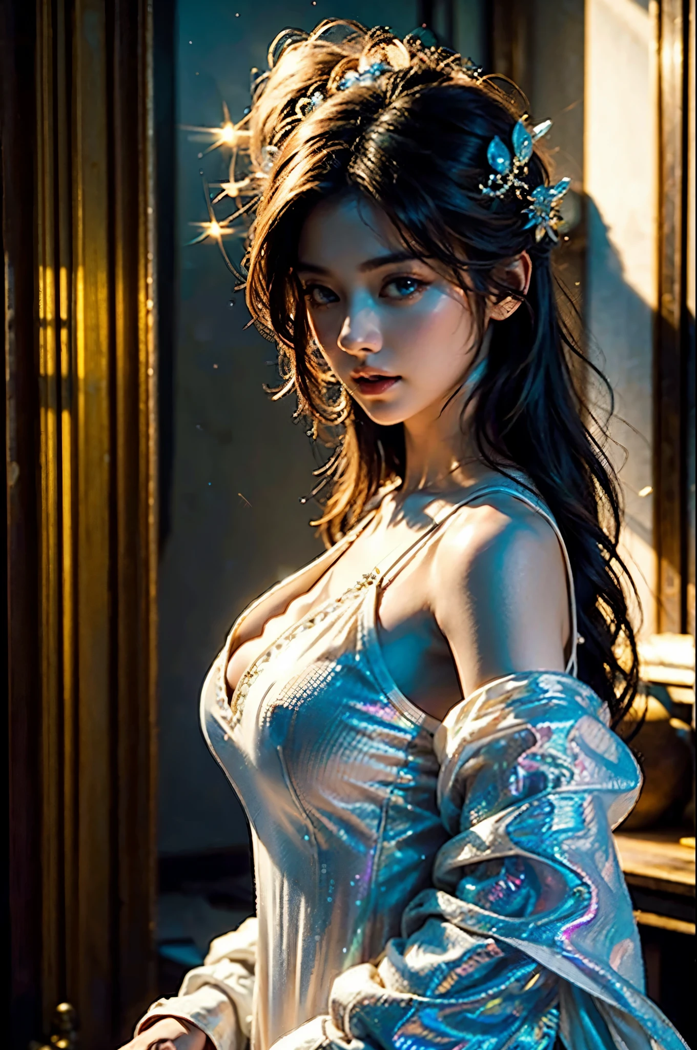 (64k, masterpiece:1.21), (best quality:1.21), (an extremely delicate and beautiful), ((Hasselblad photography)), (realistic, photo-realistic:1.3),(UHD), high res,HDR, cinematic lighting, highly detailed, highly detailed background, woman, long hair, sunlight, gigantic breasts, iridescent dress, glowing stars, A digital illustration, glowing lotus, defraction spikes, chromatic aberration, bloom AND (glowing, holofoil:0.9), a beautiful fantasy empress, guweiz, ruan jia and artgerm, beautiful fantasy maiden, japanese goddess, It was empty inside and she didn't even wear a bra, When she moved her body, her two fat and white breasts swayed left and right, Under the friction with her clothes, her two lotus seed-sized nipples actually stood up, making her clothes bulge out by two pointed,