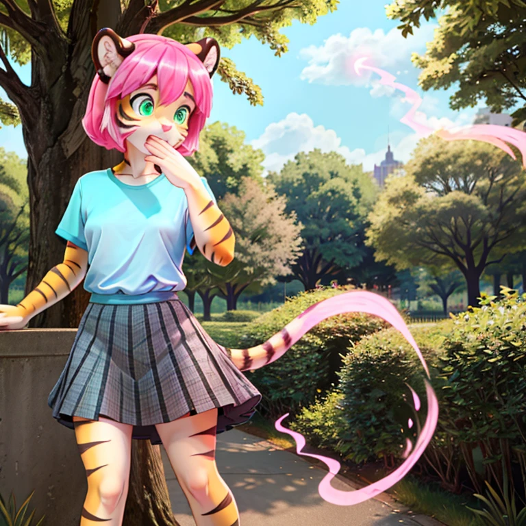 Shocked slim female tiger with long Pink hairs with Blue Highlights and glowing Green eyes wearing gray skirt and dark Blue top looking at herself there are some traces of Pink magic floating around her she is in the park