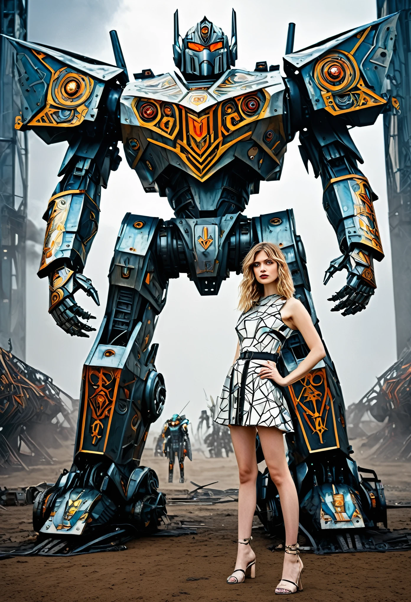 there is asuper hero woman standing in front of a giant robot, inspired by ken kelly, epic album cover, imogen poots as a paladin, ralph horsley vivid color, mighty princess of the wasteland, skynet, intricate biopunk patterns, queen of warrior, krull