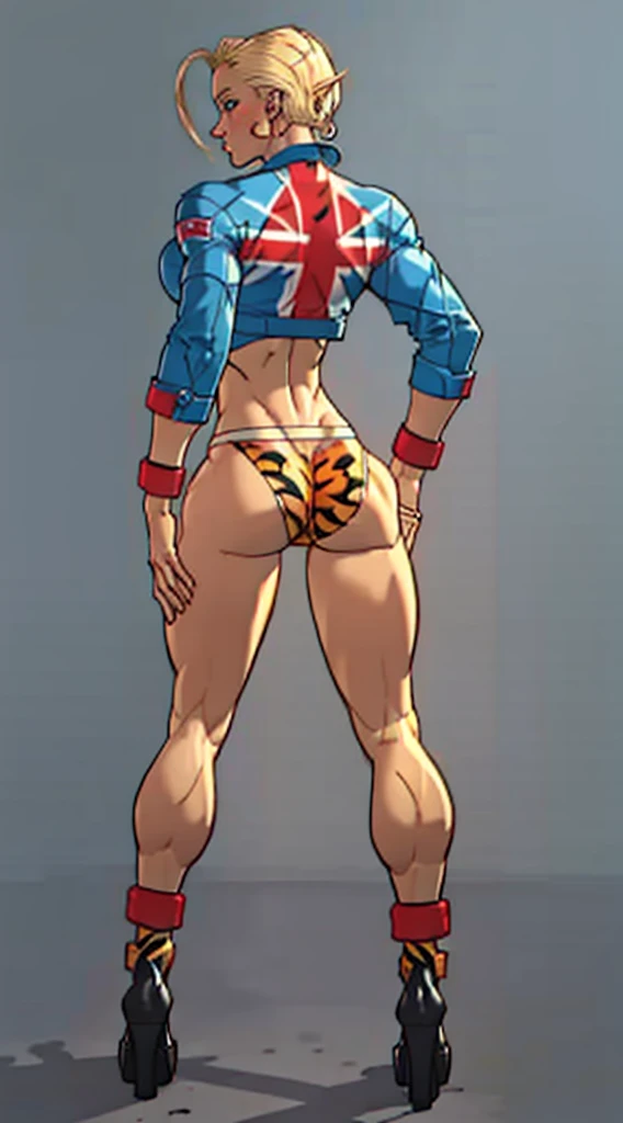 Drawing of cammy_white, cammy sf6,1girl, solo, bang, scar on cheek, blonde hair, blue eyes, short hair, (((Plain background:1.2))) (masterpiece, high quality:1.1) 1girl solo full body squatting looking to the viewer, view from below, hairstyle short bob hair cut with a braid, extra long hair, white silver hair, red eyes, HANDS ON HIPS (yellow tiger bikini print long sleeves and long stockings) (dark elf dark skin) (incredibly beautiful full body photo, standing, (((bright eyes))), good anatomy, perfect hand muscular legs))), thin waist, muscular abdomen, wearing black high heel shoes, (((with her back to me showing her big shapely ass to me)))