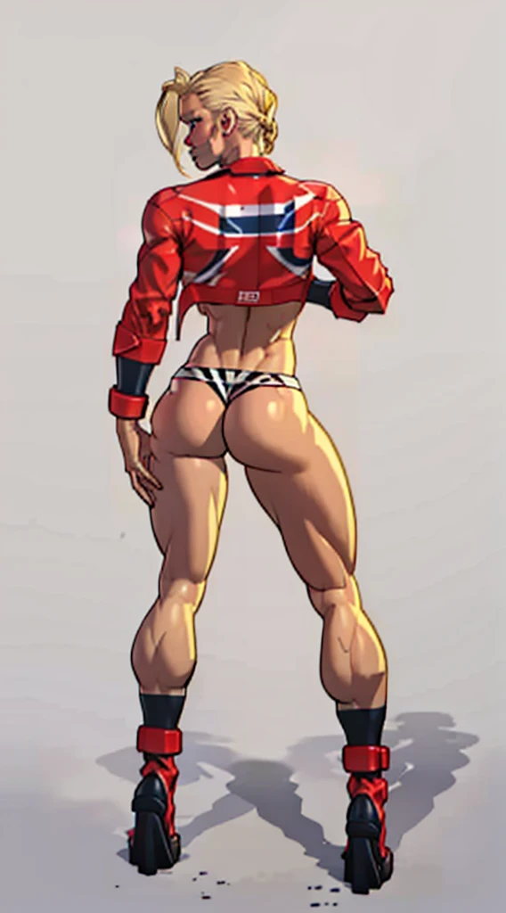 Drawing of cammy_white, cammy sf6,1girl, solo, bang, scar on cheek, blonde hair, blue eyes, short hair, (((Plain background:1.2))) (masterpiece, high quality:1.1) 1girl solo full body squatting looking to the viewer, view from below, hairstyle short bob hair cut with a braid, extra long hair, white silver hair, red eyes, HANDS ON HIPS (yellow tiger bikini print long sleeves and long stockings) (dark elf dark skin) (incredibly beautiful full body photo, standing, (((bright eyes))), good anatomy, perfect hand muscular legs))), thin waist, muscular abdomen, wearing black high heel shoes, (((with her back to me showing her big shapely ass to me)))