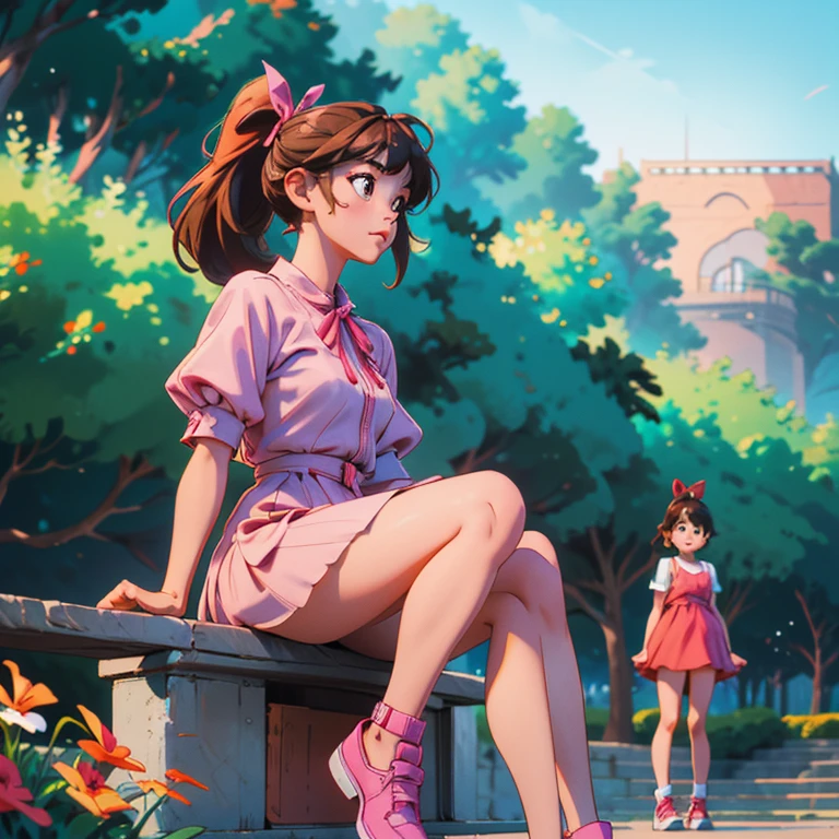 On a sunny day there are 3 other girls talking behind A beautiful girl with mid length brown hair in a half ponytail and she has a side bangs while She is wearing a beautiful pink dress and a very cute shoes with ribbon and she was sitting in the park