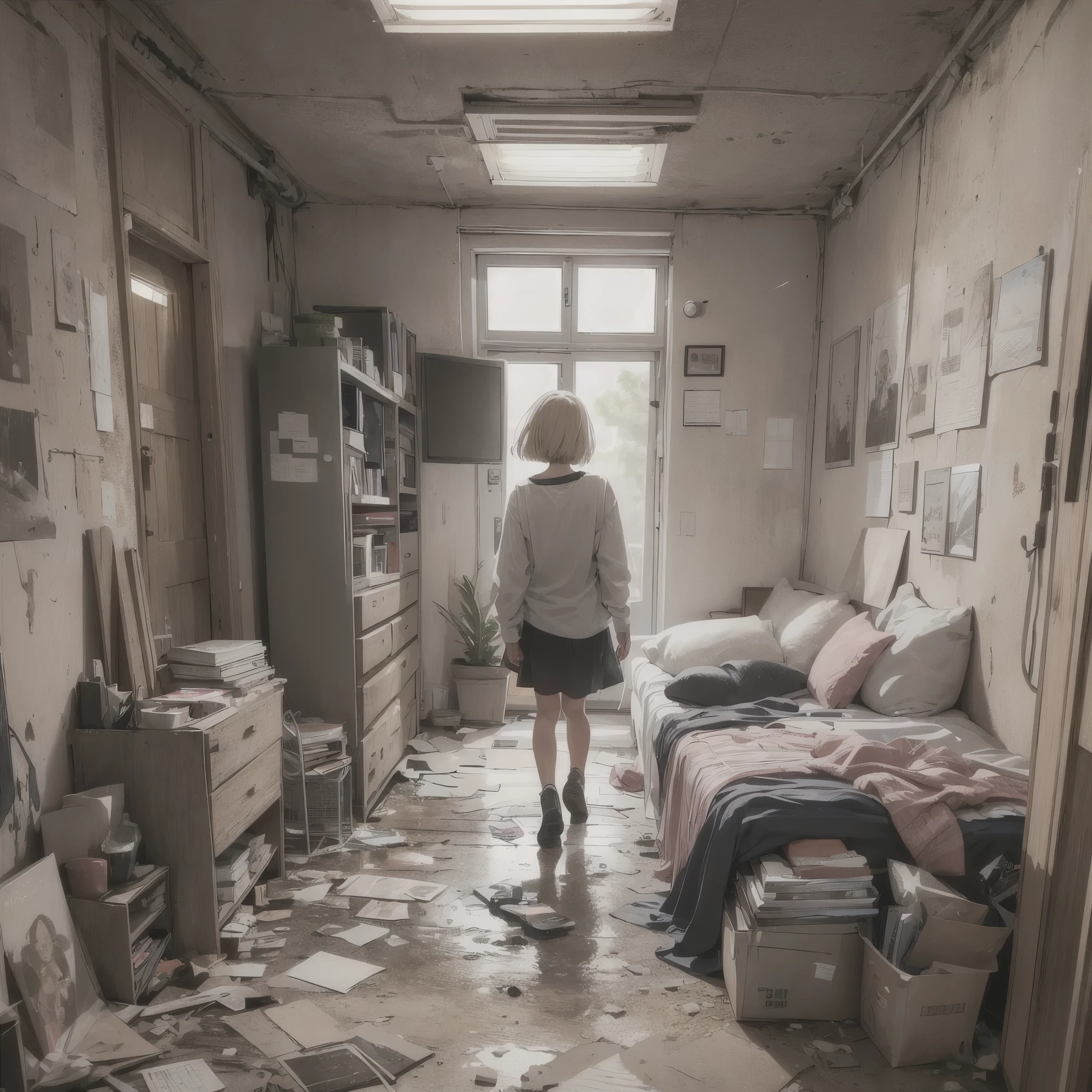 ((20-year-old woman,Blonde short bob hair,She is walking through an empty room)),Huge kids room,room in underground,A room with children&#39;s graffiti,Messy room,Dim electricity,Dimly lit room,There are many long and thin monsters,Uneasy atmosphere,
