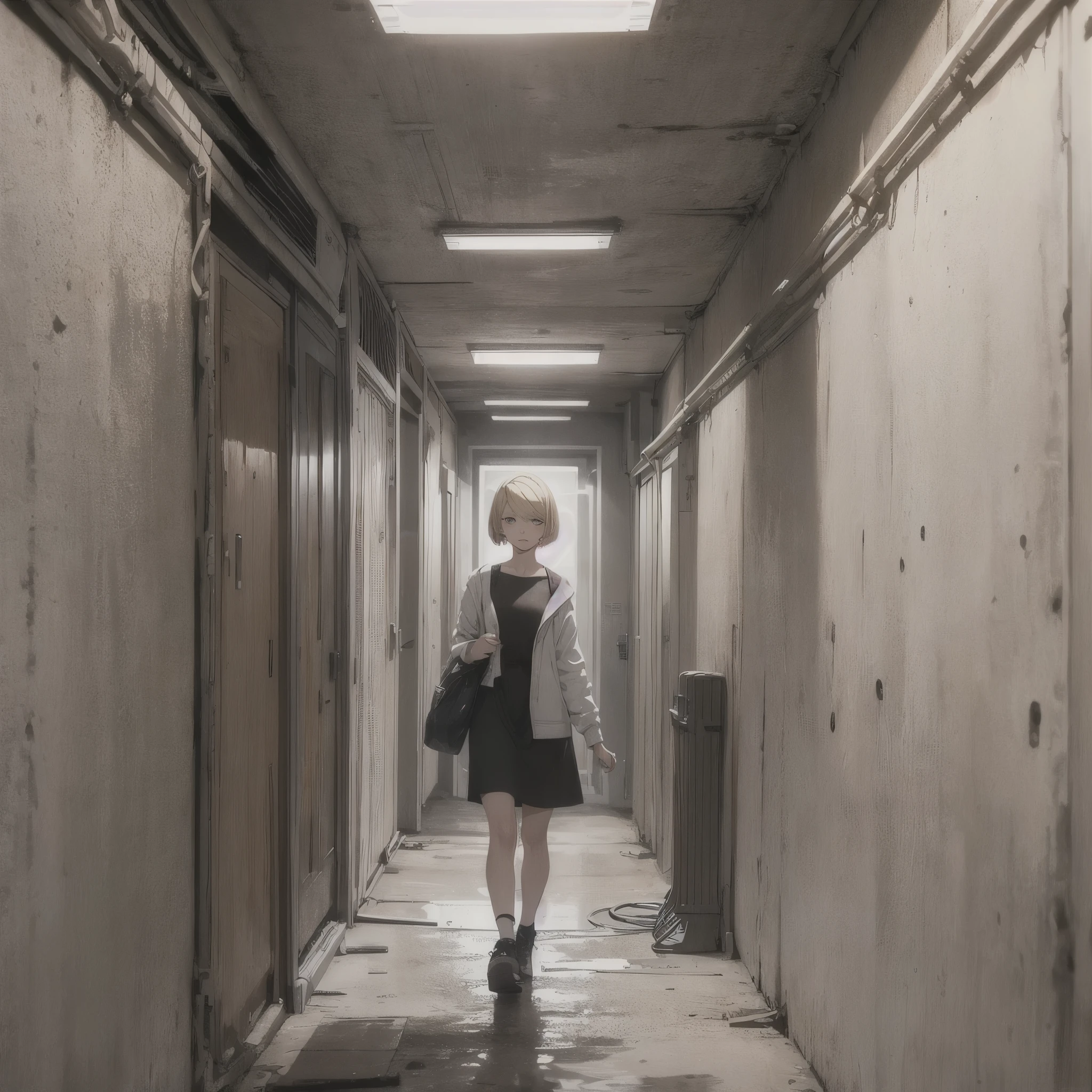((20-year-old woman,Blonde short bob hair,She is walking through an empty room)),Huge kids room,room in underground,A room with children's graffiti,Messy room,Dim electricity,Dimly lit room,There are many long and thin monsters,Uneasy atmosphere,