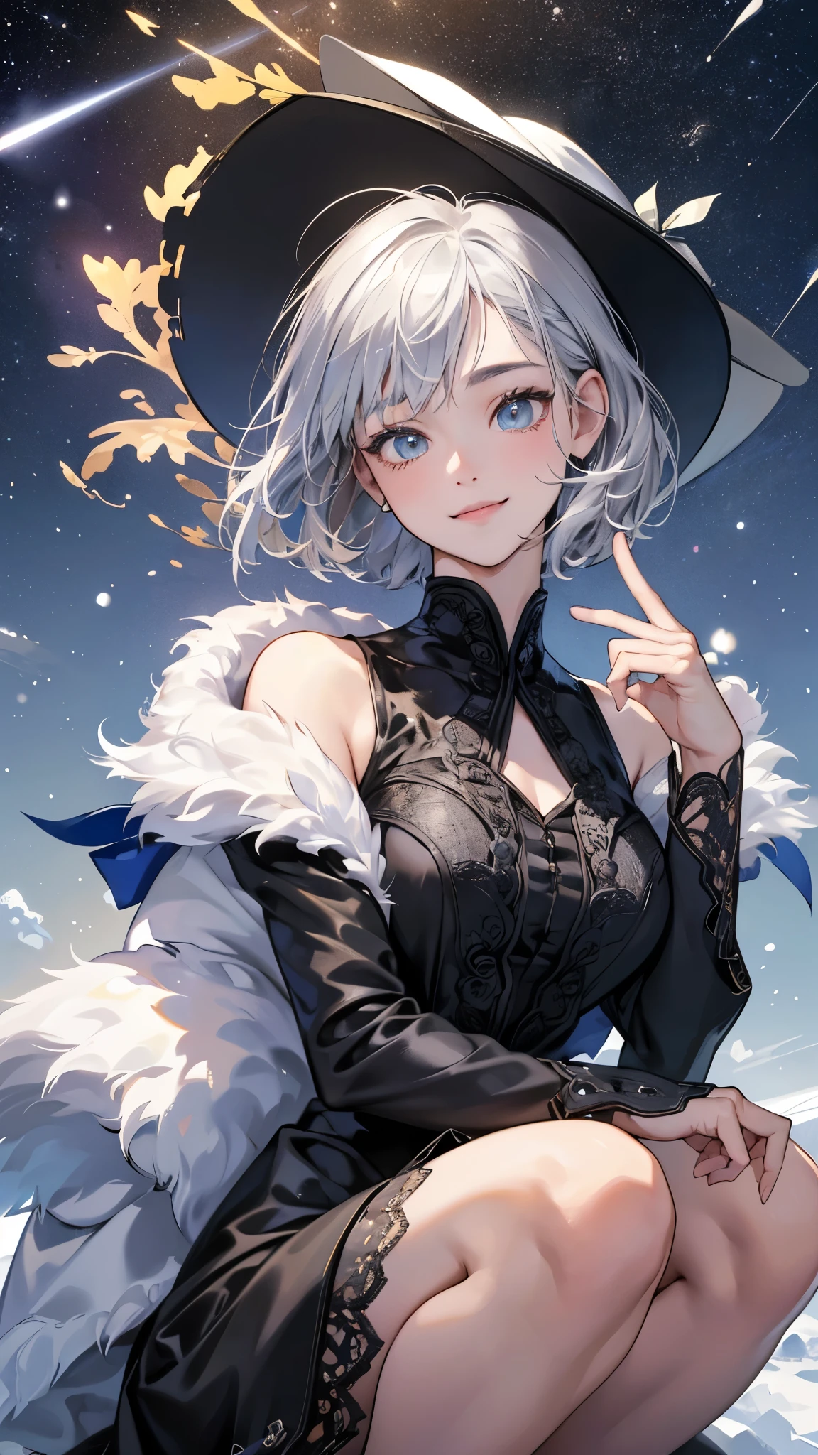 (absurdres, highres, ultra detailed),masterpiece,best quality,high resolution,8k,Realistic face,Realistic skin texture,magnified textures, stunning clarity,detailed anime girl,(ultra detailed eyes and face), girl,silver hair,short cut,(happy:1.7),fair skin,elegant black silk hat,jazzy dress,Shoulder Bare,,(Snowfield),(midnight),(blizzard),(Meteor shower:1.3),cowboy shot,(look down viewer:1.5),cowboy shot,squatting,(from below),