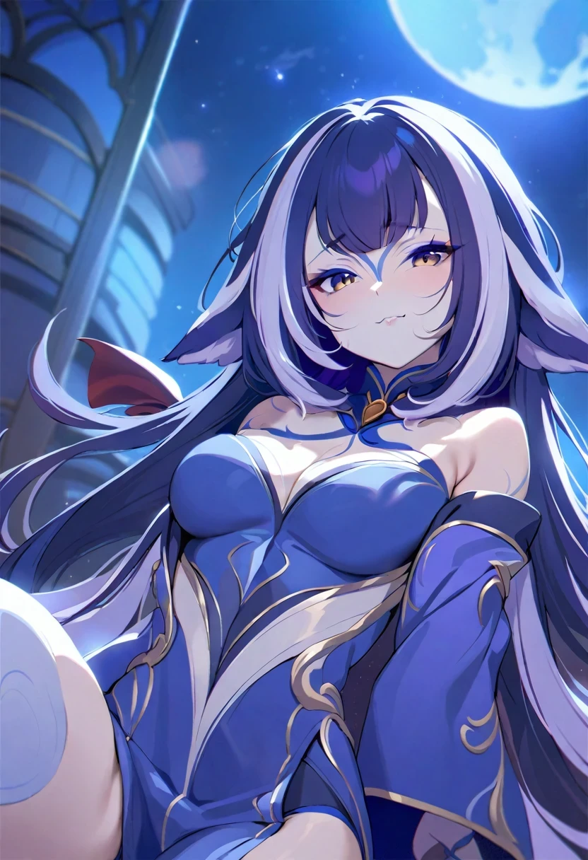 (shylily/(Twich/):1.5),(masterpiece:1.2),(best quality:1.2),Batsuit、A vampire girl、Off-shoulder、A moon、night