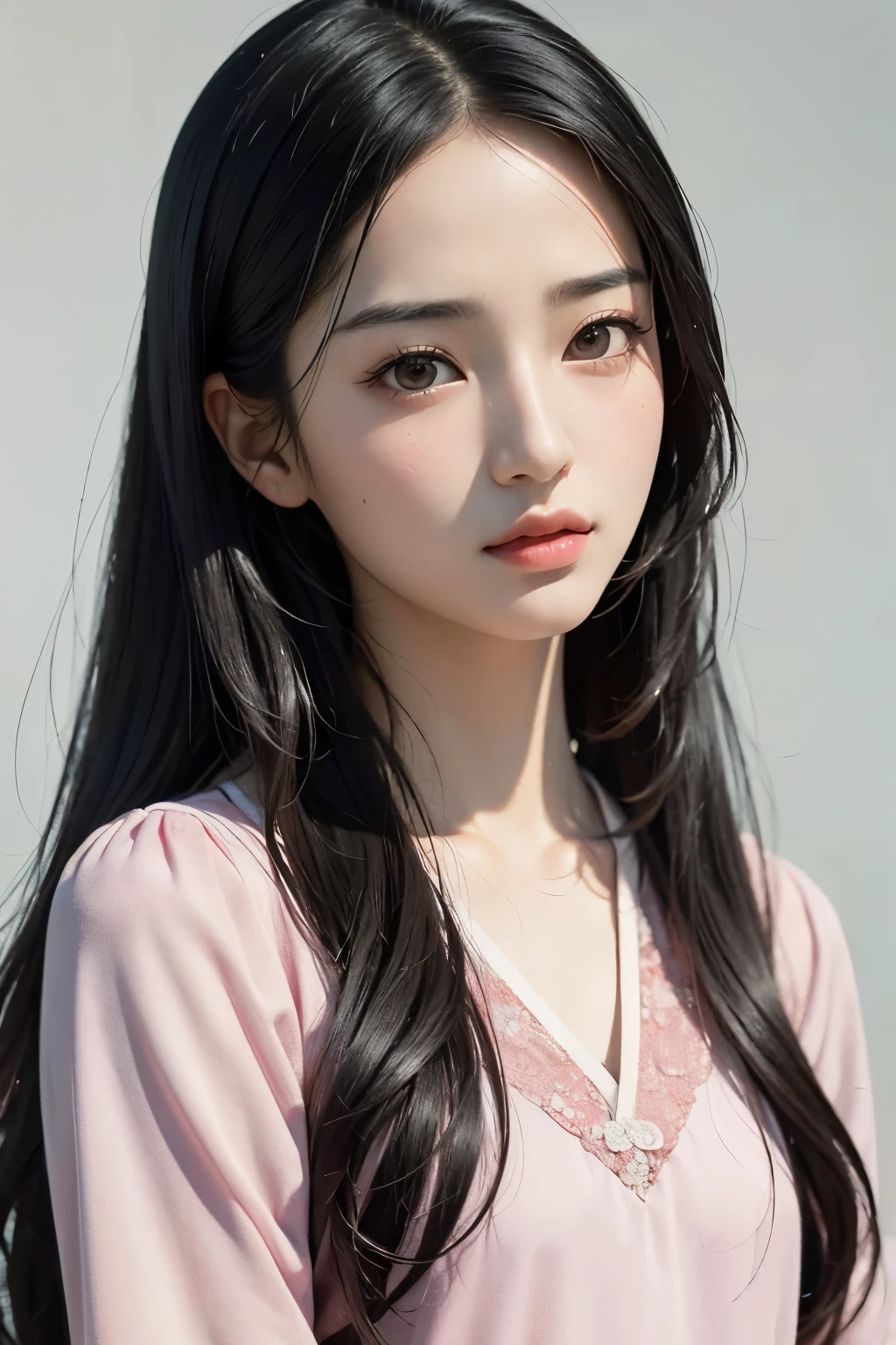 ((8k, RAW photos, top quality, masterpiece: 1.2), (realistic, photorealistic: 1.37), close-up portrait of a woman, black long hair flowing gently, wearing a pink blouse that clings to her body, Zhang Han's painting, detailed and lifelike, tumblr popular, soft and delicate lighting, (lovely, delicate face: 1.2), beautiful and elegant features, (beautiful, aesthetic face: 1.2), captivating and alluring, extremely beautiful, Gu Wei's style, cute and natural anime-inspired face, photorealistic anime art, (realistic